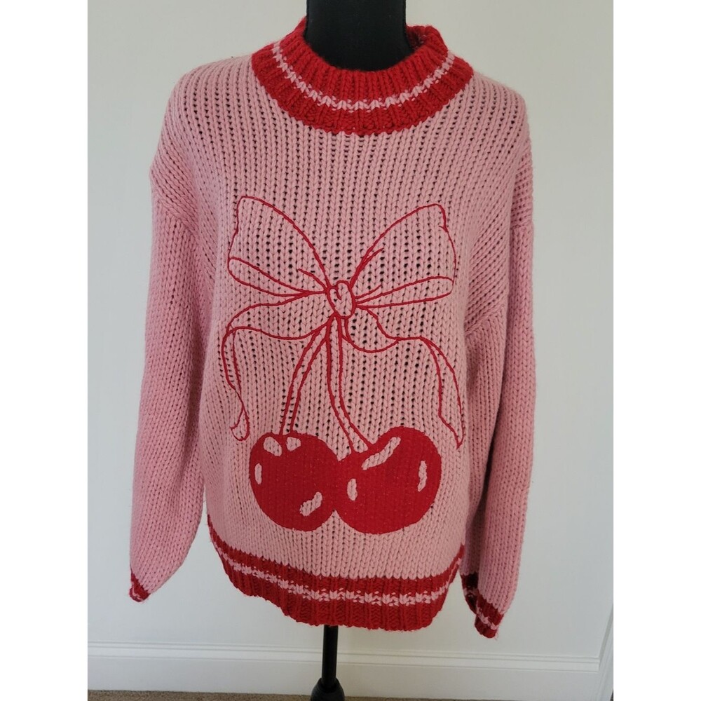 Altar'd State Cherry Bow Varsity Knit Sweater Pink Red Oversized Coquette XS